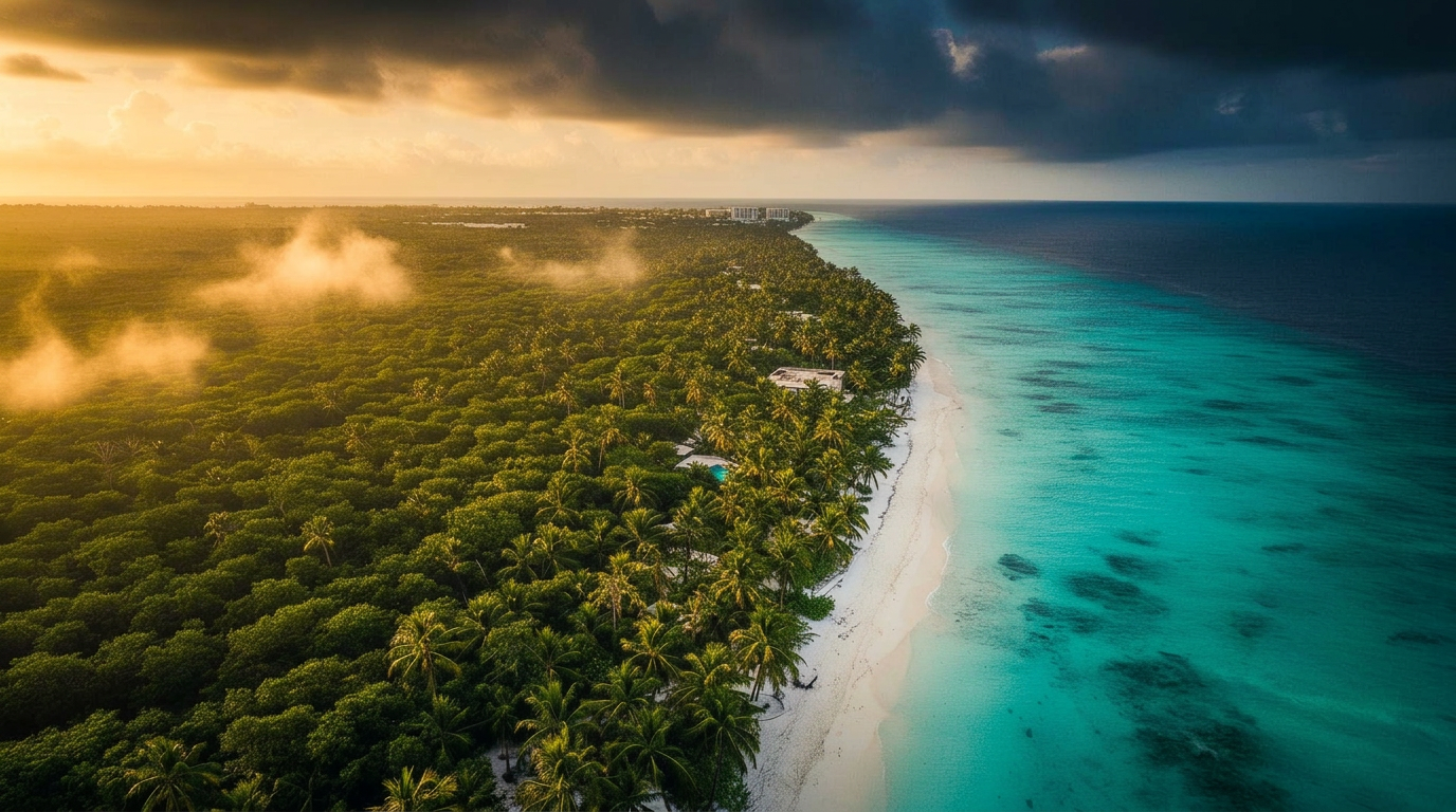 Vista aérea del corredor de Cancún al atardecer
