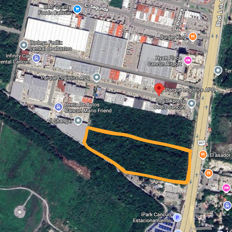 Vista satelital del predio Mundo Rechez sobre Blvd. Colosio, Cancún